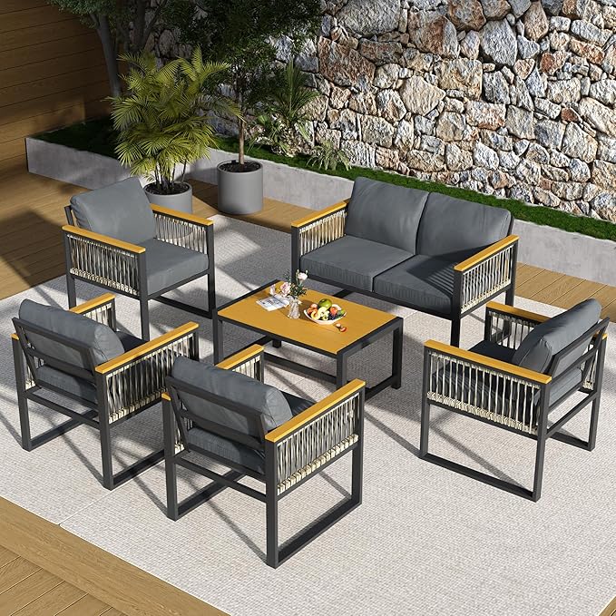 Pamapic 6 Pieces Outdoor Patio Furniture Set with Wicker Handrails, Plastic-Wood Balcony Furniture with Wicker Arm Panel, All-Weather Metal Patio Conversation Sets with Cushion and Coffee Table