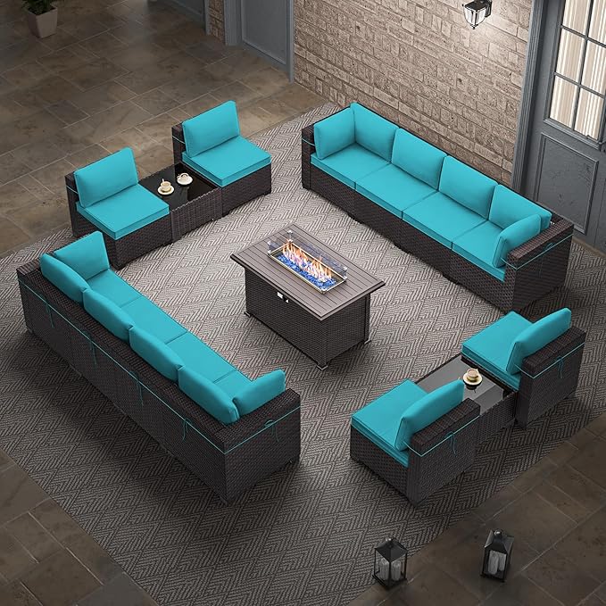 15 Pieces Outdoor Patio Furniture Set,Outdoor Sectional Furniture with 43" 55000 BTU Gas Propane Fire Pit Table,All Weather PE Rattan Wicker Patio Conversation Set,Turquoise Blue