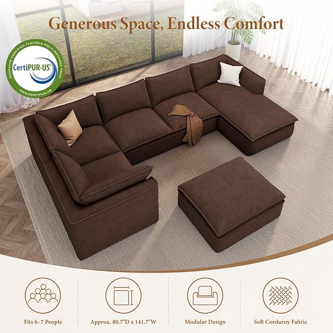 Vesgantti 141.7" Oversized Boneless Sectional Couch, 7 Seater Modular Sofa with Chaise & Ottoman & Armrest, Deep Seat Corduroy Cloud Couches for Living Room, No Assembly Required, Dark Brown