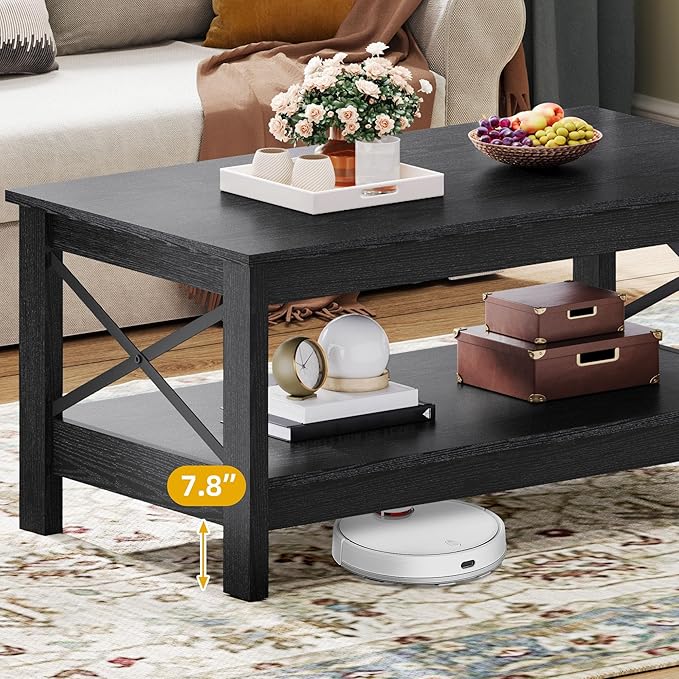 DWVO Black Coffee Tables for Living Room Storage Coffee Table Wood Coffee Table with Thicker Legs 2 Tier Modern Coffee Tables Center Table for Living Room, Black