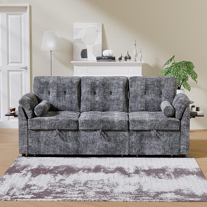 3 in 1 Convertible Sofa Bed, Chenille Pull Out Couch with Side Table, 3 Seat Pull Out Sofa Bed with Level Adjustable Backrest, Comfy Sleeper Sofas for Living Room, Apartment, Gray