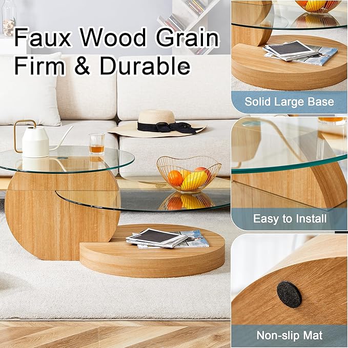Modern Glass Coffee Table,Small Round Coffee Tables, 42" 3-Tier Circle Wood Coffee Table for Living Room Rustic Circle Center Cocktail Table with Tempered Glass, Unique Accent Table for Small Spaces