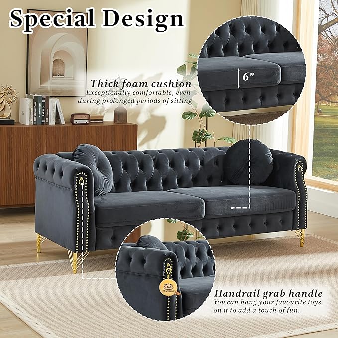 ERYE 82-Inch Button Tufted Sofa Couch with 2 Round Pillows, 3 Seat Velvet Tufted Sofa Spacious Chesterfield Loveseat Couches W/Nailhead Decor,Ring Accent & Golden Legs