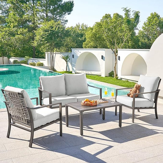 NATURAL EXPRESSIONS 4 Pieces Patio Furniture Sets,Modern Metal Outdoor Conversation Sets with All Weather Hand-Woven Rope Chairs,High Back Frame,Metal Table, 6" Thick Olefin Cushions for Yard,Garden