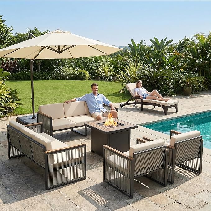 5 Piece Patio Conversation Set for 7, Modular Patio Sofa Couch with Cushions, Rattan Outdoor Patio Furniture Set with Loveseat/Coffee Table, Outdoor Sectional Furniture for Deck/Porch, Beige
