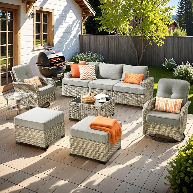 ovios 9 Piece Patio Sectional Furniture with Swivel Rocking Chairs, Rattan Wicker Coversation Set with Glowing Coffee Table, Outdoor Sofa Set for Outside Porch Balcony Backyard Pool, Dark Grey
