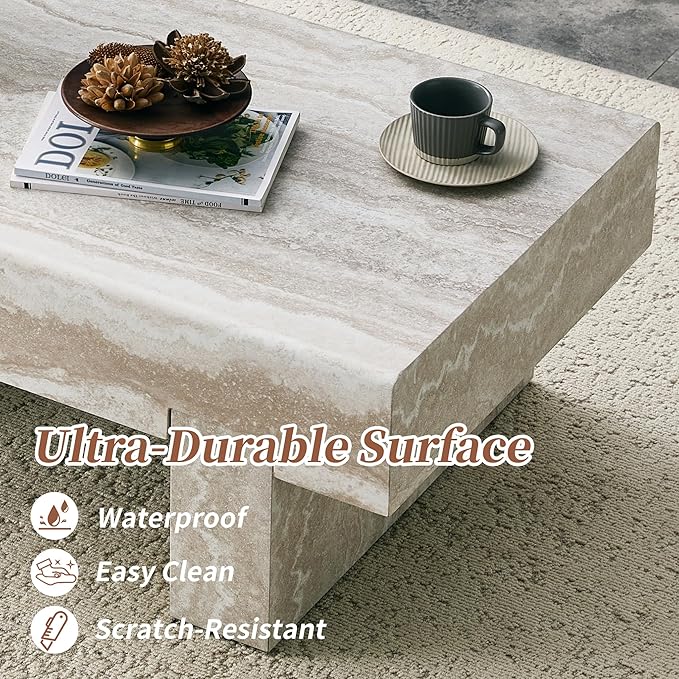 Modern Marble Coffee Table for Living Room Stone Travertine Rectangle Coffee Tables Mid Century Center Table with Storage