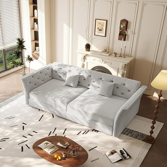 ERYE 3-in-1 Foldable Sleeper Sofa Bed Velvet Fabric Loveseat Sofabed, 74-Inch Queen Loveseat Convertible Pull Out Sleeper Couch Bed with Flower Tufted Accent, Easy Assemble