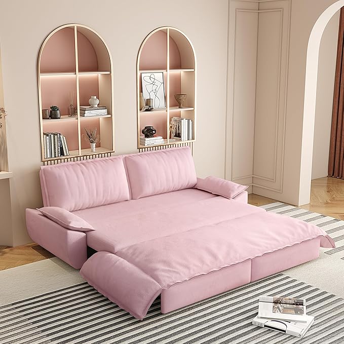 73.2" Queen Size Pull Out Sofa Bed, 3-in-1 Convertible Sleeper, Velvet Loveseat for Living Room, Apartment, Bedroom Small Spaces, Pink (Mattress & Bedding Not Included)