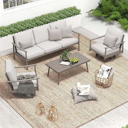 HAPPATIO Patio Outdoor Furniture Set - 4 Piece Aluminum Patio Conversation Set with 1 Coffee Table, 2 Swivel Chairs and 1 Three-Seater Sofa, Aluminum Outdoor Furniture Set for Backyard Poolside (Grey)