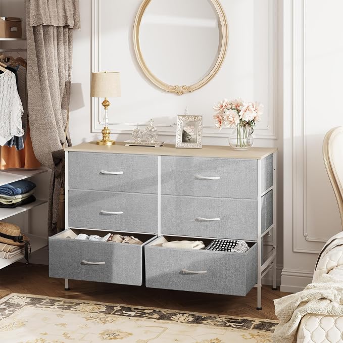 WLIVE Dresser for Bedroom with 6 Drawers, Wide Dresser TV Stand for 50 Inches TV with Metal Frame, Wooden Top, Chest of Drawers, Fabric Dresser for Living Room, Hallway, Light Grey - Image 4