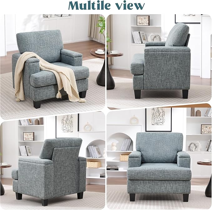 Modern Accent Chairs Set of 2 with Armrest Storage, Oversized Upholstered Reading Chairs, Comfy Large Armchairs, Fabric Single Sofa Chair for Living Room Bedroom (Bluish Grey)