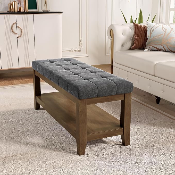 ABHENG Solid Rubber Wood Shoe Bench, Soft Chenille Material Upholstered Seat, 770LB Load Capacity, Multi-Storage for Entryway/Bedroom/Living Room, Vintage Style, 43.3"x15.7"x17.7", Dark Gray,UASND65G - Image 5