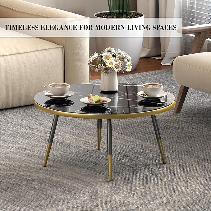 Round Coffee Table, Black Coffee Table for Living Room, Balcony 31.5" x 15.8" Space-Saving Black Marble-Textured Top, Sturdy Metal Frame with Black & Gold Finish | Premium Baked Paint, Easy Assembly