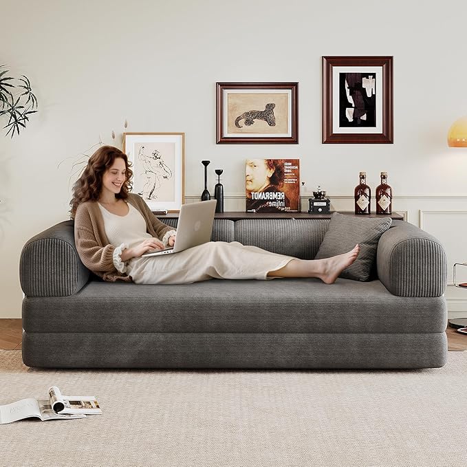 Ball & Cast 78.8" Compressed Modular Sofa Bed, No-Assembly Convertible Floor Futon Couch with Pillow Backrest & Armrest Support, Boneless Corduroy Sleeper Sofa for Living Room & Bedroom, Grey