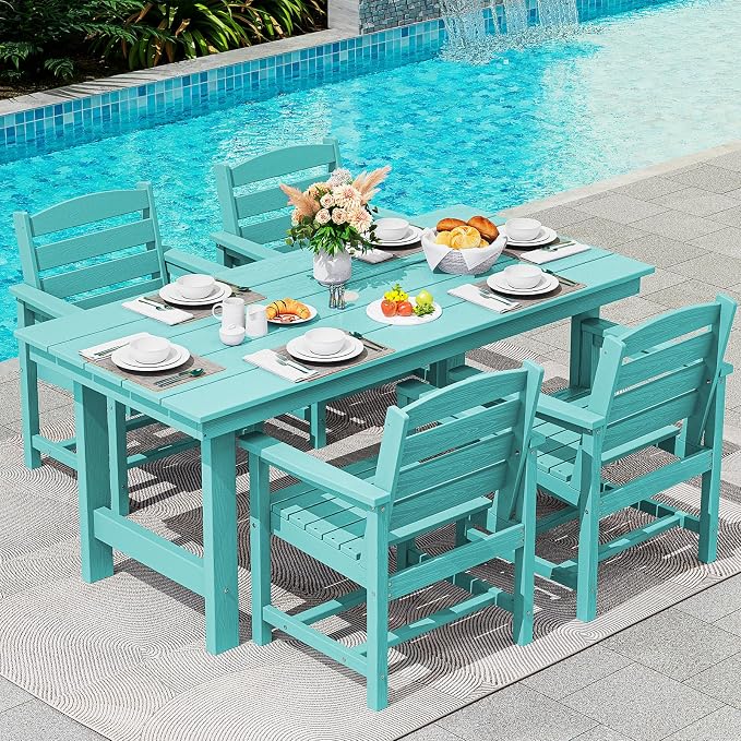 SERWALL Patio Table Set, 5-Piece Outdoor HDPE Furniture with Umbrella Hole, All Weather Dining Table and Chairs for Lawn, Garden, Poolside, Aruba by SERWALL