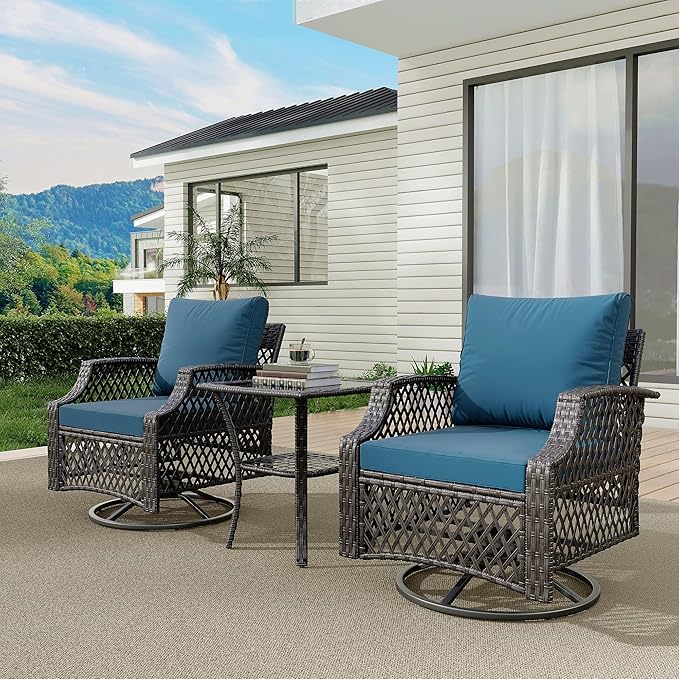 HOMREST 3 Piece Outdoor Swivel Chair Set, Wicker Patio Bistro Set with Thickened 25D Cushions and Glass Coffee Table, Patio Furniture Conversation Set for Deck, Yard, Garden, Poolside(Turquoise)