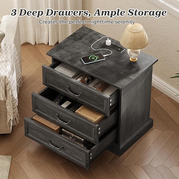 Huuger Nightstand with Charging Station, 3 Drawer Night Stand Set of 2, 22 Inch Wider Side Table with Storage, Farmhouse Nightstand with Vintage Handles, Thicken Base, for Bedroom, Black - Image 5