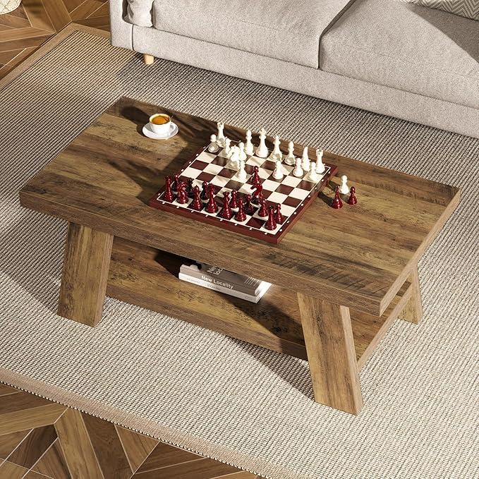 Tribesigns 47-Inch Farmhouse Coffee Table with Storage Shelf, Rustic Wooden Center Table for Living Room, 2-Tier Rectangle Coffee Table for Apartment (Rustic Brown)