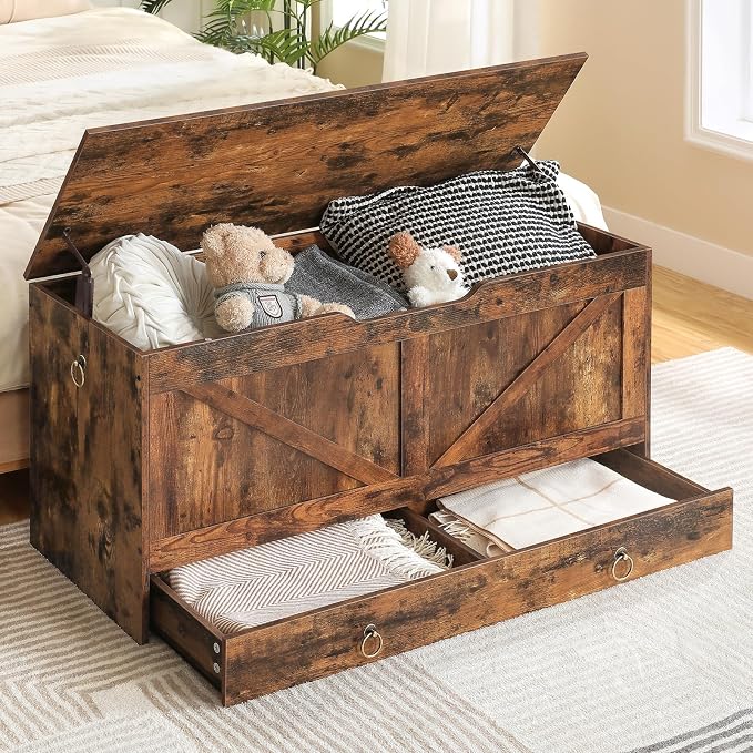 HOOBRO Storage Chest, 39.3" Toy Chest with Drawer, Wooden Storage Bench, Sturdy Entryway Bench Supports 220 lb, Shoe Bench, Safety Hinge, U-Shaped Opening, Easy Assembly, Rustic Brown FG710CW01G1 - Image 5