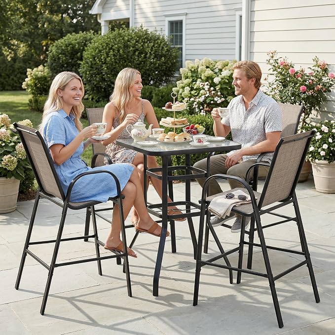 HOMREST Outdoor Bar Height Stools Set of 4,High Back Patio Chairs with Armrests,Textilene Chairs with Breathable Fabric & Metal Frame for All Weather,Taupe - Image 8
