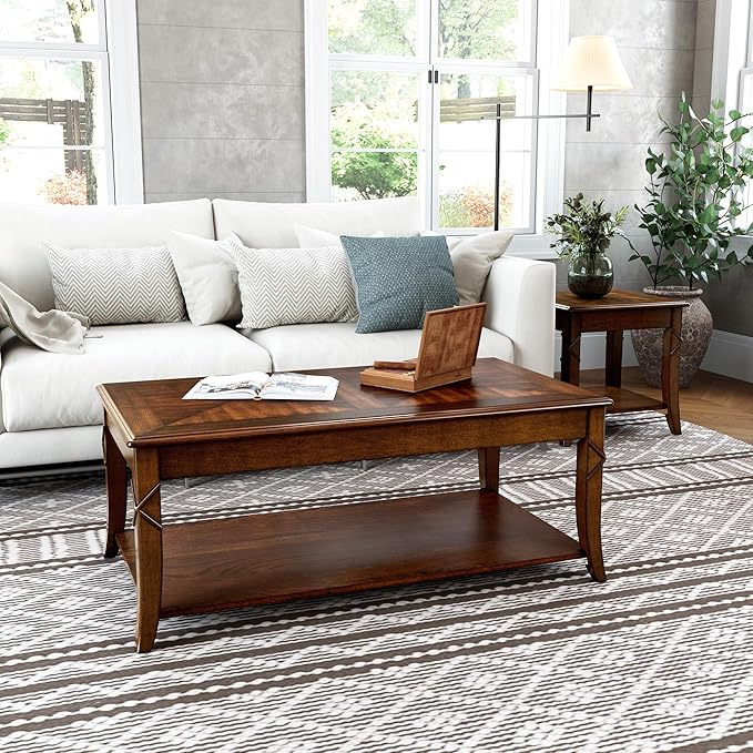 Living Room Tables Set of 3- One Coffee Table and Two End Table with Carved Tabletop and Leg, Mid-Century Sofa Beside Table and Center Table with Carved Legs, Easy Assembly, Cherry Brown KFZ-CJZ-DR200
