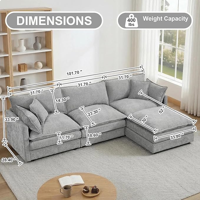 102" Cloud Couch Sectional, Modular Sectional Sofa with Chaise & 4 Removable Washable Pillows, Oversized L-Shaped Couch for Living Room, Modern 3-Seat Cloud Sofa Sectional with Deep Seat, Gray