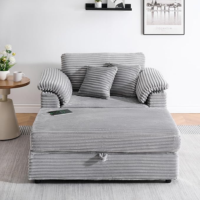 KEIKI 47.24 inch Corduroy Sofa, Corduroy Armchair with Storage Feet, 2 Throw Pillows, Sleeper Couch for Living Room, Apartment, Salon, Home Theater, Gray