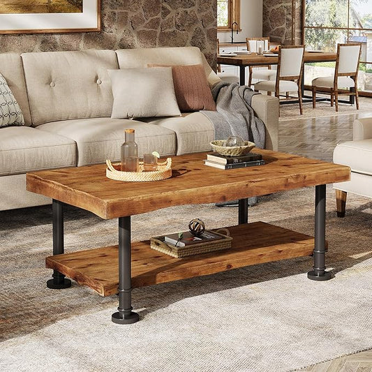 47" Coffee Table, Farmhouse Solid Wood Accent Center Table with 2-Tier Live Edge Shelf & Metal Legs, Rectangular Low Cocktail Tea Furniture for Living Room, Lounge, Brown and Black