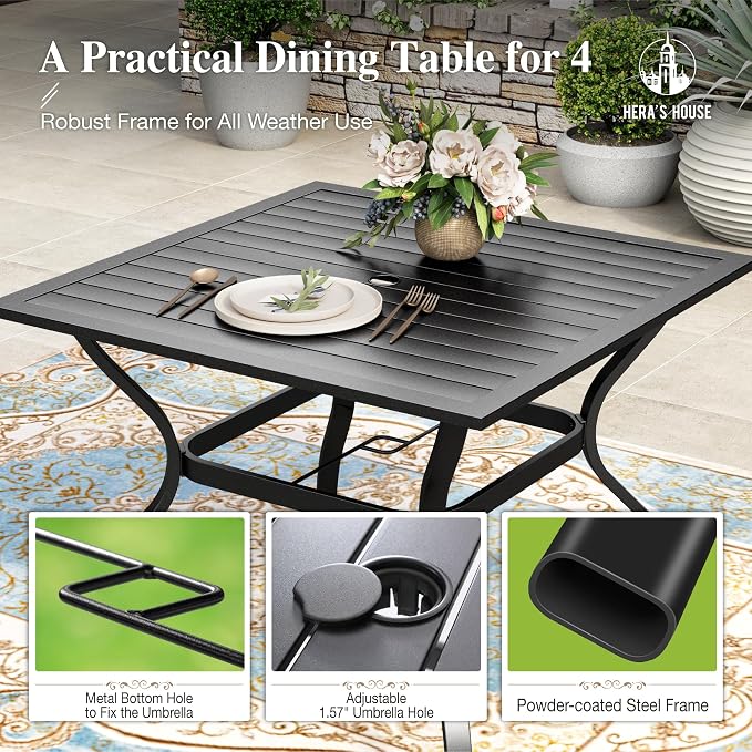 HERA'S HOUSE 5-Piece Patio Table and Chairs, Outdoor Dining Set for 4, Square Metal Table and Textilene Chairs with Umbrella Hole for Lawn Garden Backyard Deck, Brown - Image 2