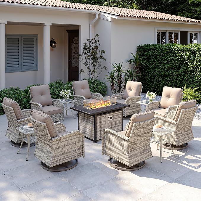13Pcs Patio Rocking Swivel Chair with 55,000 BTU Fire Pit Table Outdoor Wicker Rattan Bistro Set with Tempered Glass Side Table, Outdoor Patio Furniture Set for Garden and Balcony, Beige