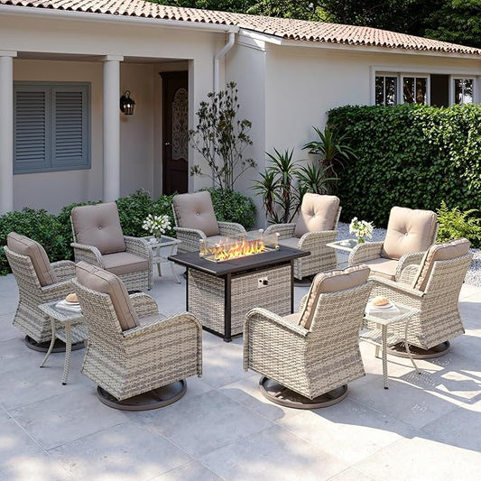 13Pcs Patio Rocking Swivel Chair with 55,000 BTU Fire Pit Table Outdoor Wicker Rattan Bistro Set with Tempered Glass Side Table, Outdoor Patio Furniture Set for Garden and Balcony, Beige