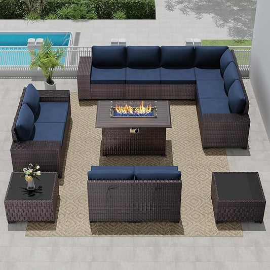 13 PCS Outdoor Patio Furniture Set,Outdoor Sectional Furniture with 43" 55000 BTU Gas Propane Fire Pit Table,All Weather PE Rattan Wicker Patio Conversation Set,Navy Blue
