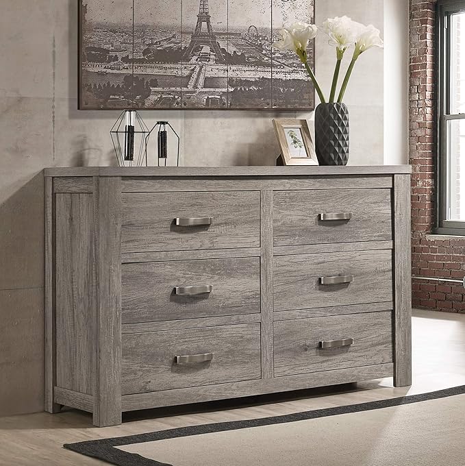 Roundhill Furniture Floren Contemporary Weathered Gray Wood Bedroom Set, King Panel Bed, Dresser, Mirror, Two Nightstands
