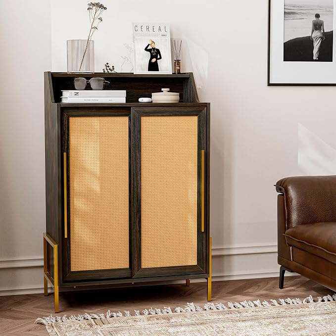 BELLEZE Storage Cabinet, Buffet Sideboard with Rattan Sliding Doors and Adjustable Shelf, Shoe Rack for Entryway, Sideboard Cabinet Accent Cabinet for Living Room and Bathroom - Dana(Brown) - Image 3
