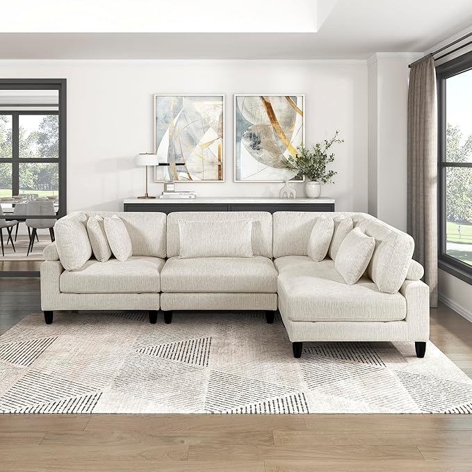 Lexicon 120 Inch Modular Sectional Sofa - Oversized 4 Seater Microfiber L Shaped Sectional Couch, 6 Accent Pillows, and Flexible Arrangement for Modern Living Rooms, Beige
