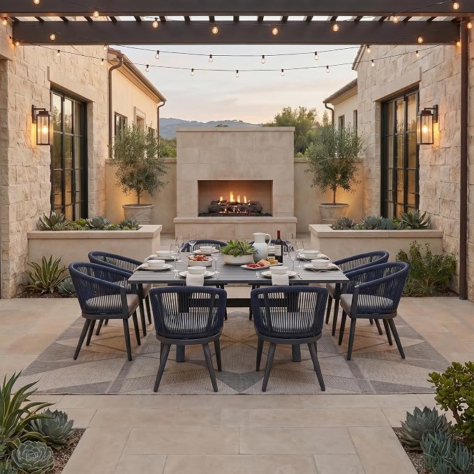 PURPLE LEAF Outdoor Dining Set for 8 All-Weather 9 Piece Patio Aluminium Dining Large Square Table and Rope Weave Chairs Included Cushions for Backyard Decor Kitchen Patio Furniture Set Grey and Navy by PURPLELEAF
