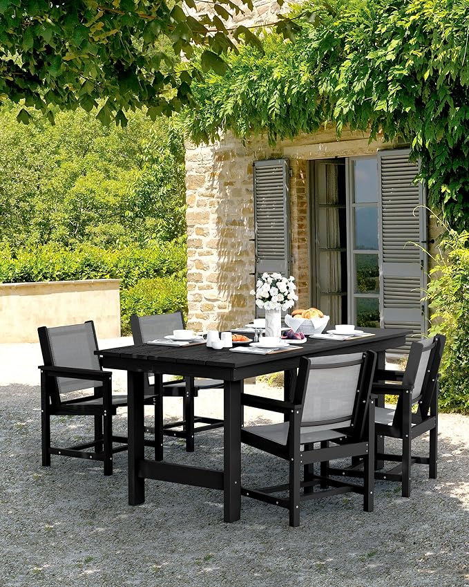 SERWALL Patio Dining Sets for 6, Outdoor HDPE Dining Set with Umbrella Hole Cut-Out Table and 6 Woven Chairs, Black - Image 6