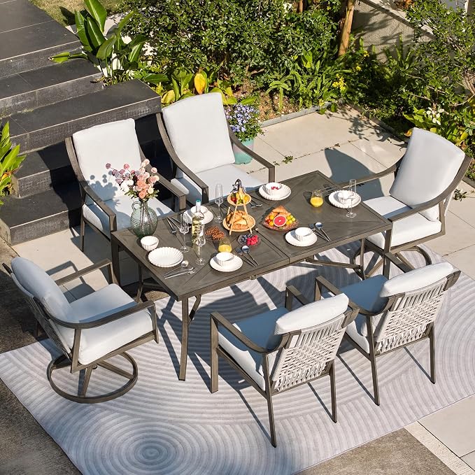 NATURAL EXPRESSIONS 7 Piece Patio Dining Table Outdoor Furniture Set for 6, 4Pcs Fixed and 2Pcs Swivel Patio Dining Chairs with Olefin Cushions, 65”Large Dining Table with Umbrella Hole - Image 7