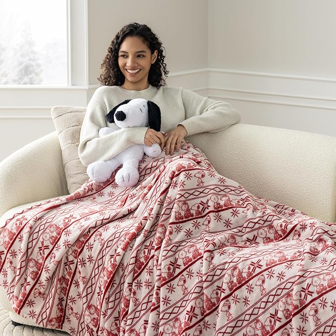 Berkshire Peanuts® VelvetLoft® Cute Character Snoopy Plush Throw Blanket,Cozy Fairisle Crimson Neutral,Throw 55 in x 70 in (Official Peanuts® Product)