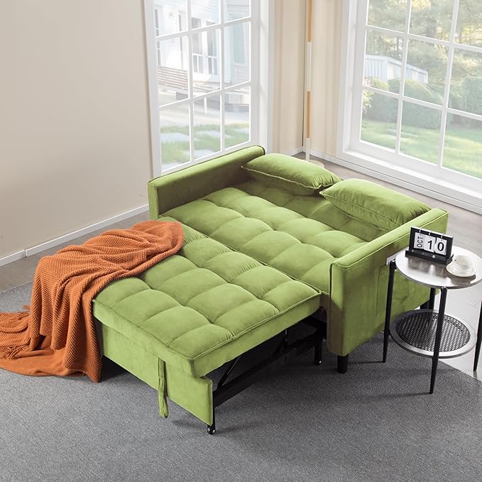 3 in 1 Convertible Sofa Bed, Love Seat Sleeper Bed with Side Pockets, Velvet Fabric Pull Out Couch with Adjustable Backrest for Living Room, Bedroom, Apartment, Olive Green