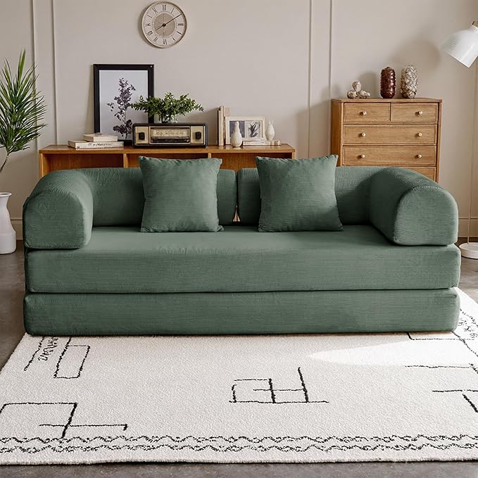 79'' Convertible Compressed Corduroy Folding Cloud Sofa Bed, 5 in 1 Modern Modular Boneless Pull Out Loveseat Sleeper in a Box, No Assembly Foldable Floor Futon Couch for Home, Green, Pillows, King