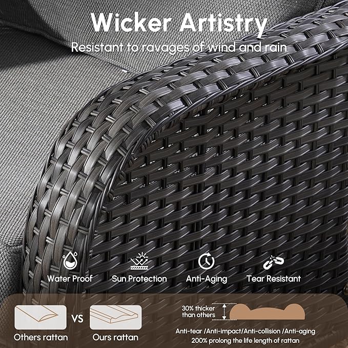 Wicker Rocking Chair Swivel Chairs - 3 Piece Rocker Glider Patio Chairs Set Rattan Rocking Chair for Outdoor Porch Deck Garden Backyard,Dark Grey