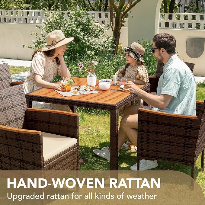 Devoko 5 PCS Furniture, Patio Conversation Set with Acacia Wood Top, Rattan Outdoor Dining Table and Chairs for Backyard, Garden, Deck, Brown - Image 2