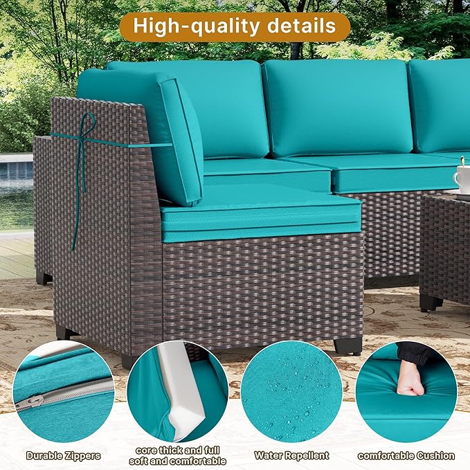 Gotland 7 Pieces Patio Furniture Set with 55000BTU Fire Pit Table, Wicker Patio Set with Wide Armrests 29.5'' High Backrest Thick Cushions 1 Coffee Table, Outdoor Furniture for Porch Deck Green