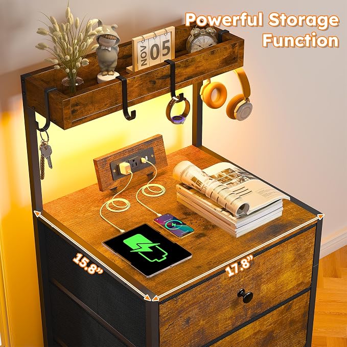EnHomee Nightstand with Charging Station & LED Lights, Nightstand with 3 Fabric Drawers, Bedside Table for Bedroom, Entryway, Hallway, Closet, 4 Hooks, 1 top Shelf, Rustic Brown - Image 5