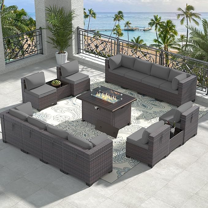 15 Pieces Outdoor Patio Furniture Set,Outdoor Sectional Furniture with 43" 55000 BTU Gas Propane Fire Pit Table,All Weather PE Rattan Wicker Patio Conversation Set,Grey