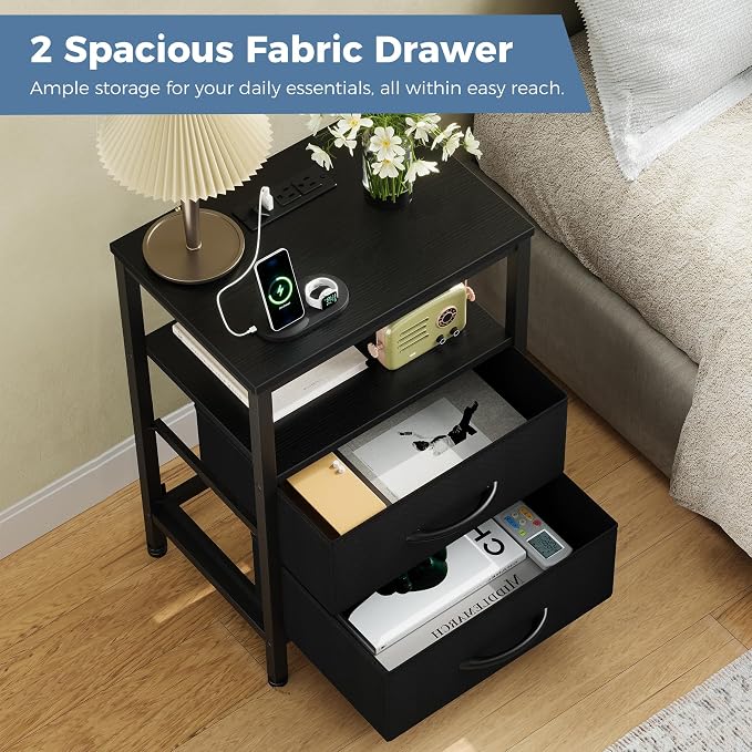 OLIXIS Nightstand with Charging Station, Bedside Table with USB Ports & Type-C, 2 Fabric Drawers Night Stand with Open Shelf, Compact End Table for Bedroom, Black - Image 4
