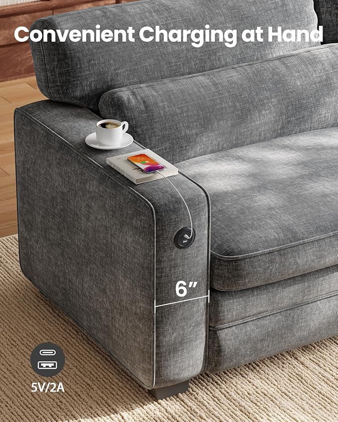 Marsail Pull Out Sofa Bed, Queen Size Sleeper Sofa with Memory Foam Mattress, 2 USB Charging Ports & Removable Covers, Chenille Loveseat Couch for Living Room, Apartment, Light Grey