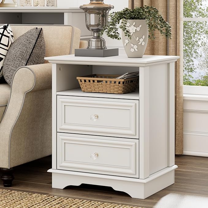 Yechen White Nightstand Set of 2, 25" Tall Farmhouse Bedside Table with Hidden Drawer and 1 Open Shelf, Wood Rustic Night Stand with Drawers for Bedroom - Image 2